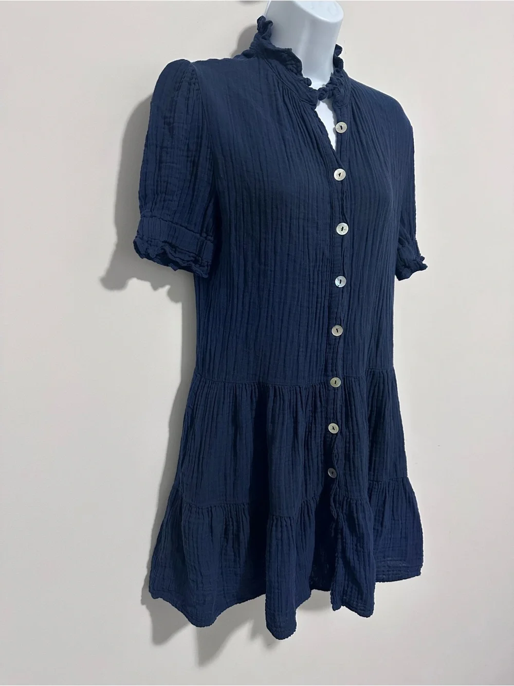 Stark X Navy Cotton Gauze Tiered Button Front Mini Dress | Ruffle Collar - Picture 3 of 10
